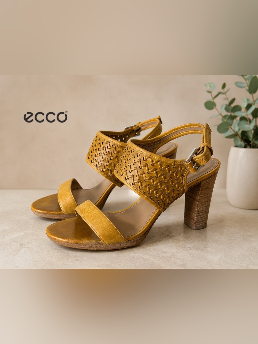 ECCO Mustard Woven Leather Heeled Sandals Size 41